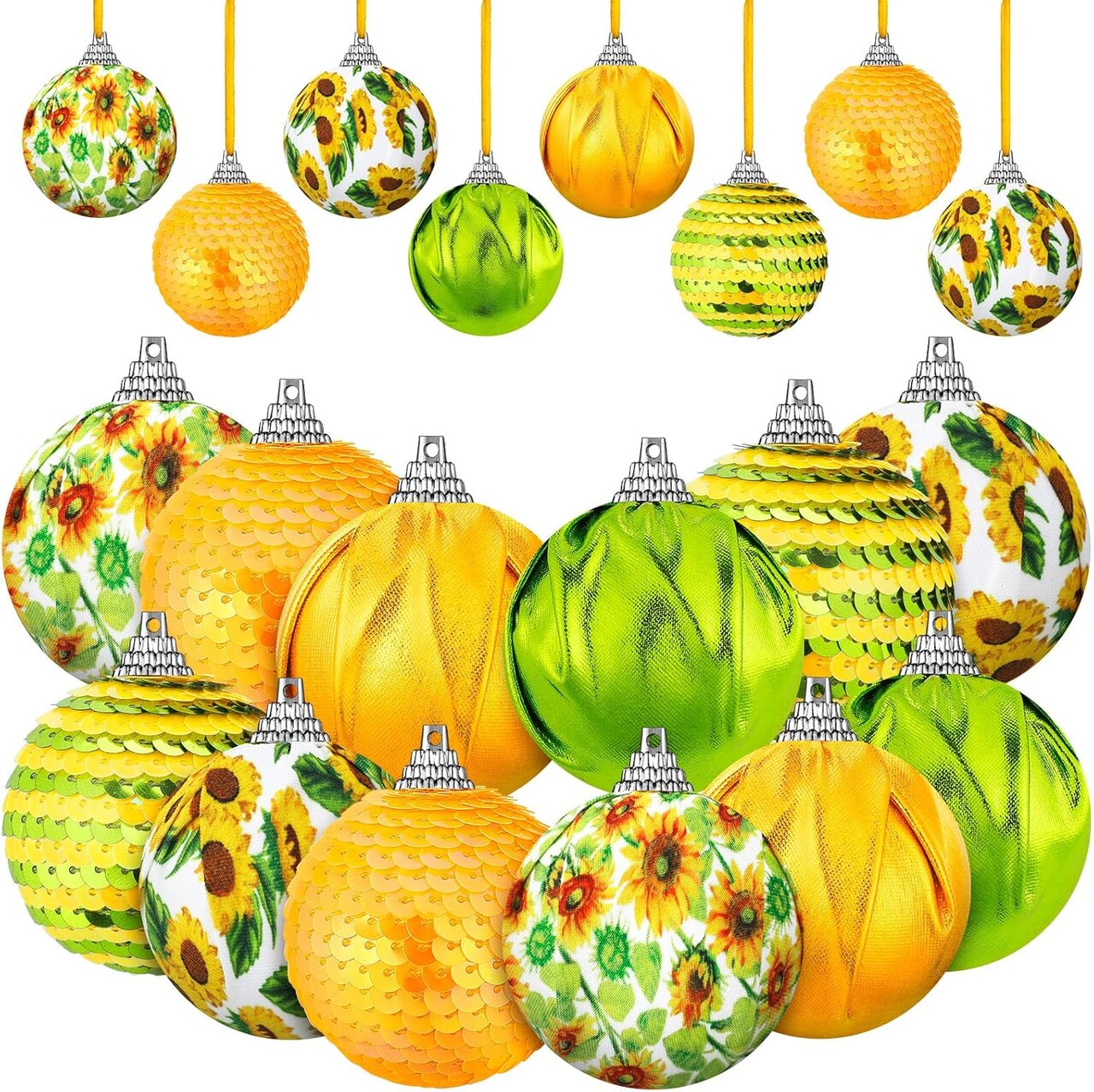 12 Pcs Summer Sunflower Tree Ornament Shiny Hanging Sunflower Ball Yellow Sequin Hanging Ornament Sunmer Tree Decoration